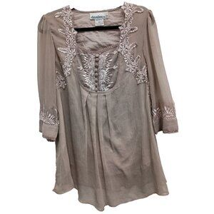 Denim 24/7 Blouse Top Womens Size 16W Beige Embroidered Sheer Fairy BOHO Cottage